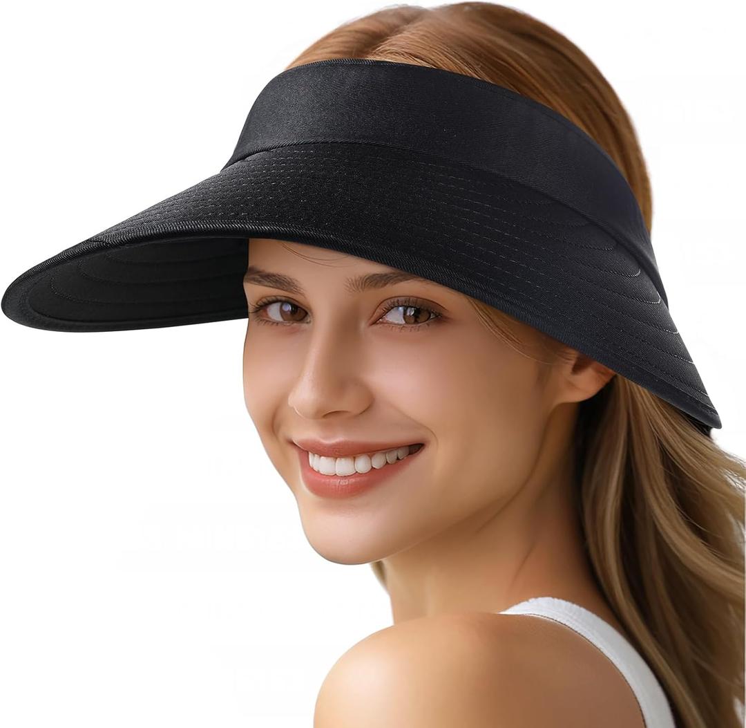 Sun Hats for Women - Wide Brim Sun Visor Hat for Women, UPF50+ Lightweight Foldable Ponytail Sports Cap (Black)