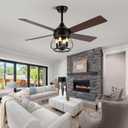 52 Inch Ceiling Fans with Lights, Modern Farmhouse Caged Ceiling Fan, Reversible Motor, 4 Double Finish Wood Blades, Rustic Ceiling Fan for Porch, Living Rooms, Bedroom