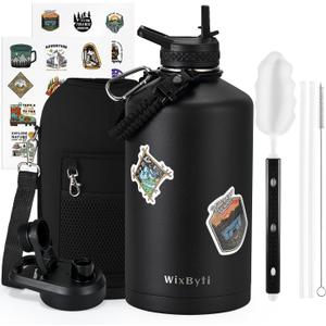 One Gallon Water Bottle Insulated, Triple Wall Vacuum Cold for 48 Hrs & Leak-proof & Non-BPA, 128oz Large Sports Stainless Steel Water Jug with Paracord Handle Straw Spout Lids & DIY Stickers (Black)
