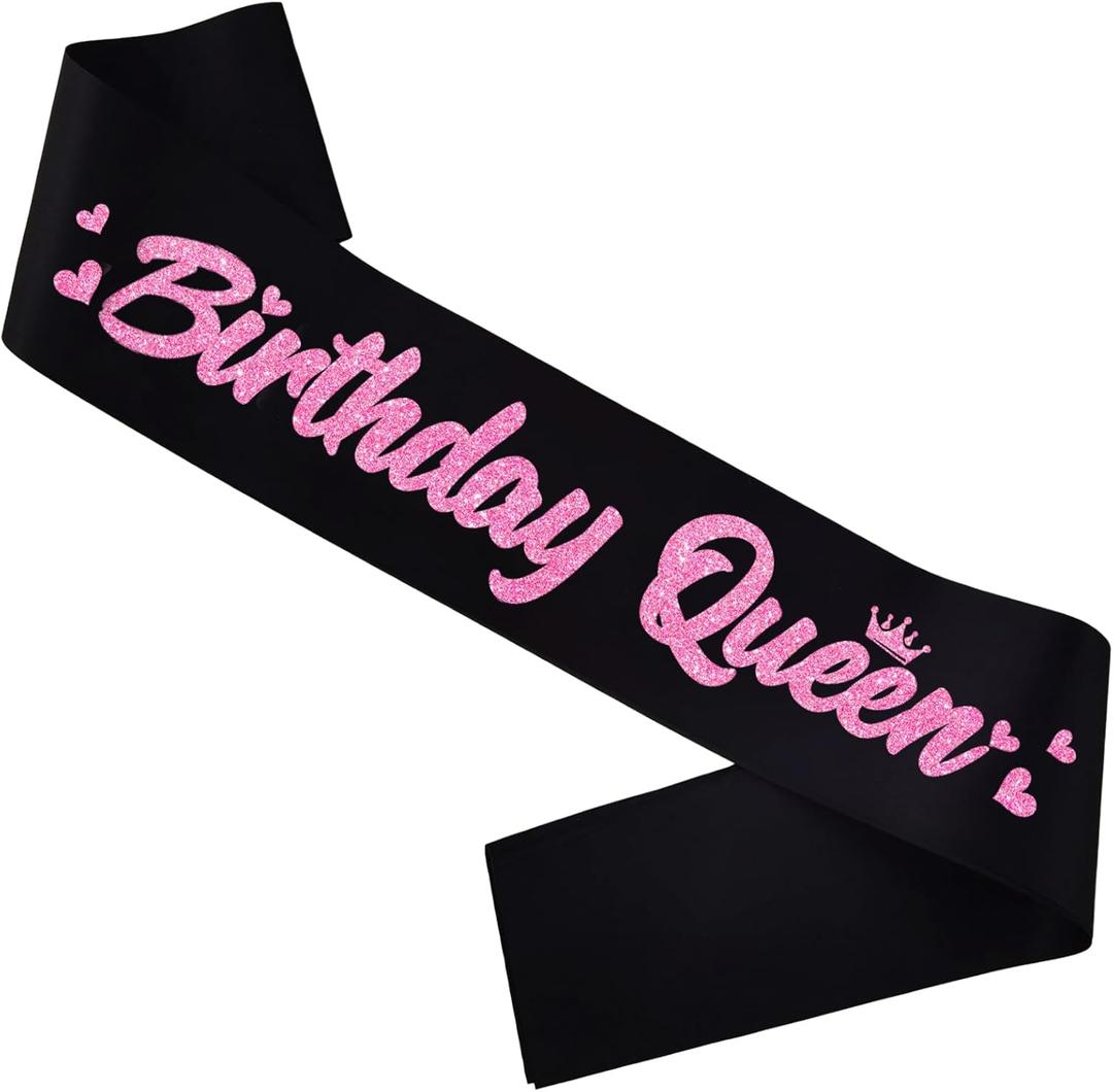 3 x Birthday Queen' Birthday Sash Black with Glitter Pink Letters-Birthday Sash for Women,21st 30th 40th 50th Birthday Party Supplies