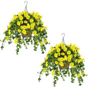 Waipfaru 2 Pack Artificial Hanging Baskets with Flowers, Faux Hanging Plants Outdoors, Urn Fillers for Outside Summer Decor (Yellow)