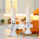 Mumufy 2 Pcs Halloween Ghost Candle Holder for Pillar Candle 5" 7" Tall Ceramic Cute Ghost Candlestick Holders White Pillar Taper Candles Stand Table Decor for Halloween Wedding Party Gift