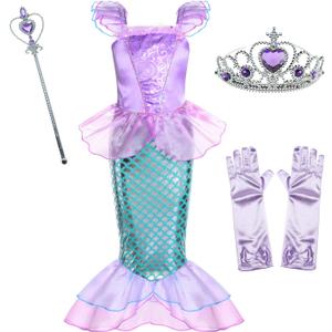 Little Girls Mermaid Princess Costume for Girls Dress Up Party with Gloves,Crown Mace 3-10 Years (5-6 Years, Purple-29)