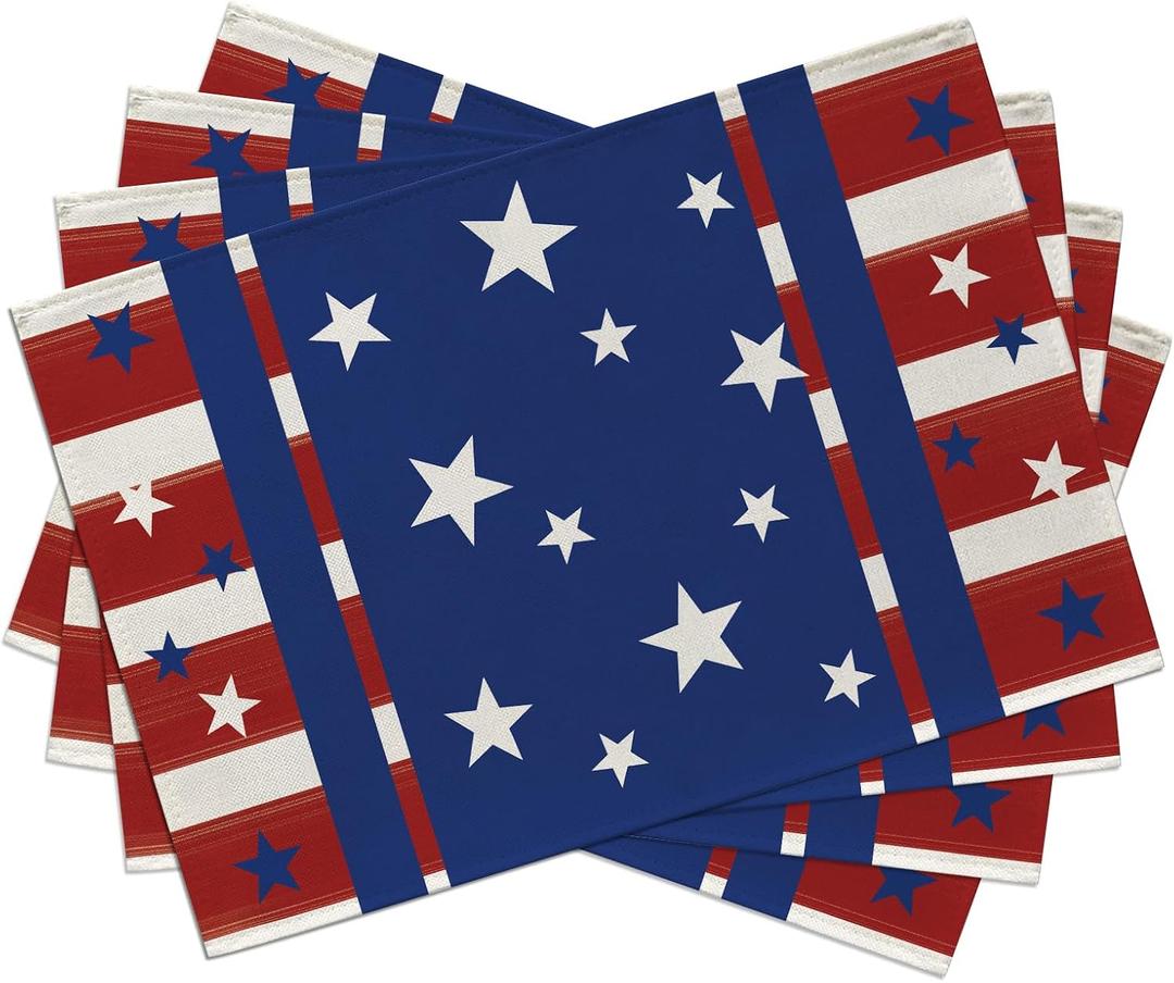 Seliem 4th of July Patriotic Stars Placemats Set of 4, America Red Blue White Stripes Dining Table Place Mats, American USA Kitchen Decor Home Decoration 12 x 18 Inches