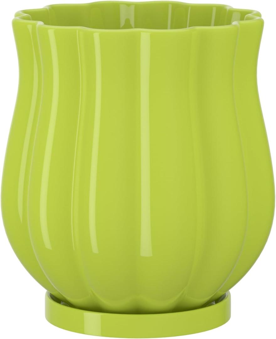 Ceramic Planter, 4.7 4.7 5.4 Inches Plant Pot with Drainage Hole and Saucer, Indoor Outdoor Planter Flower Pots, Green Pot for Plants