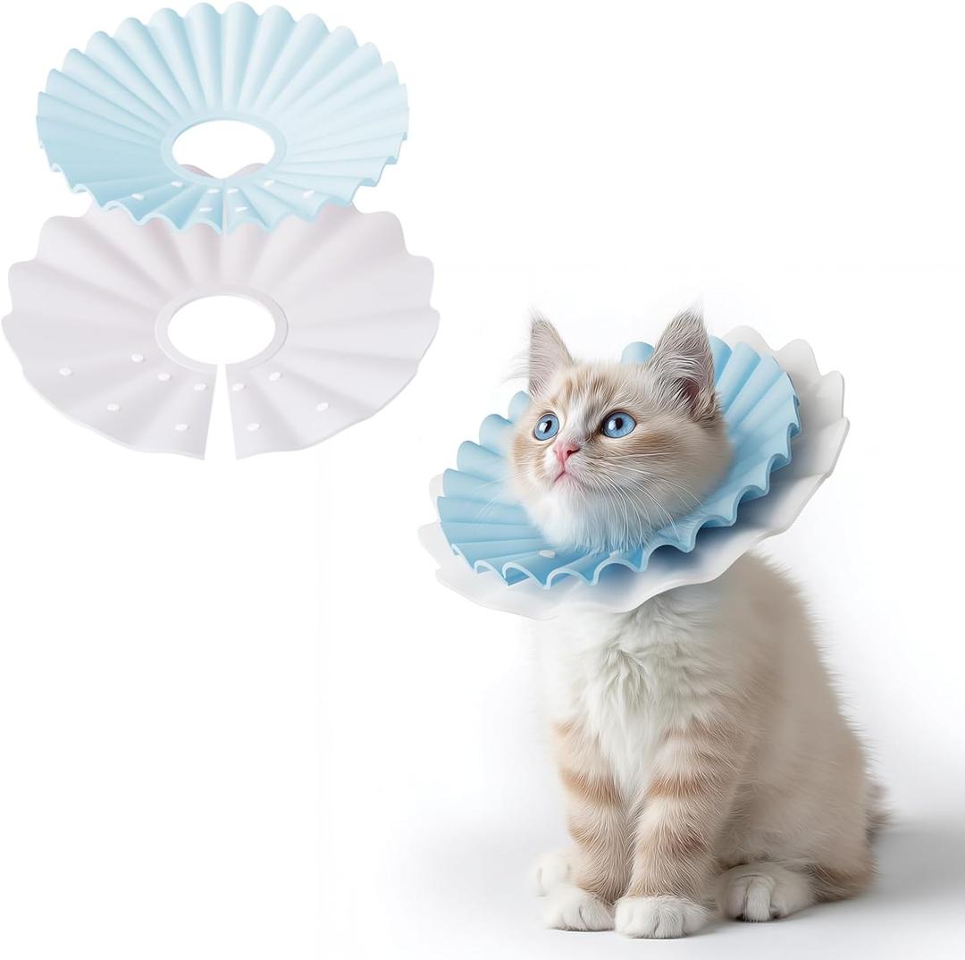 2 Pieces Soft Cat Cone Collar – Adjustable Lightweight Recovery E-Collar to Stop Licking, Scratching & Biting After Surgery, Comfortable Wound Healing Cone Alternative (Blue, S) (Blue)