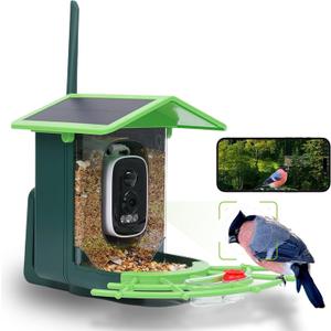 Bird Feeder with Camera, AI Birds Identification, Solar Powered, Live View, Instant Alerts, Capture Bird Videos, 2K HD Camera, Ideal Gift for Family and Enthusiasts (Green)