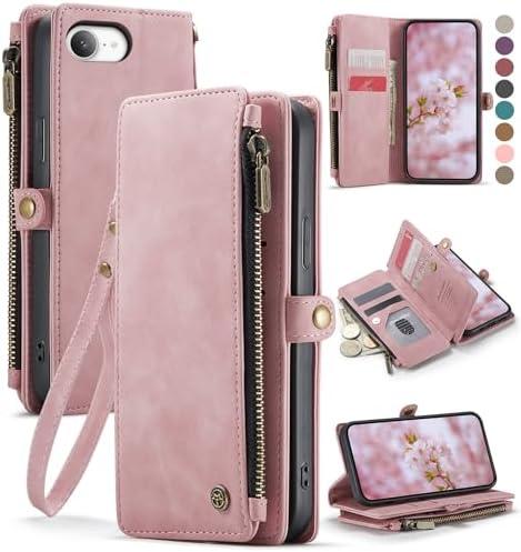 Defencase for iPhone 16E Case Wallet with RFID Blocking Card Holder Slots for Women Men, Elegant PU Leather Magnetic Snap Flip Wristlet Strap Zipper Wallet Phone Cases for iPhone 16e 2025, Pink