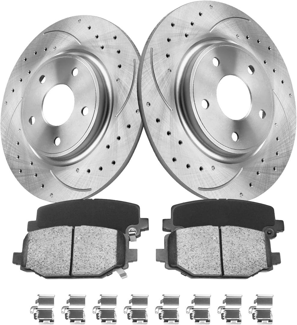 Rear Brake Kit, Drilled & Slotted Brake Rotors and Pads Compatible with 2012-2020 Dodge Grand Caravan, Journey, 2012-2016 Chrysler Town & Country 328mm (12.91in) Brake Disc