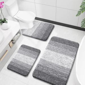 OLANLY Bathroom Rugs Sets 3 Piece, Soft Absorbent Microfiber Bath Mats and U-Shaped Contour Toilet Rug, Plush Shaggy Bath Mat Set for Bathroom (36"x24"+24"x16"+24"x20", Grey)