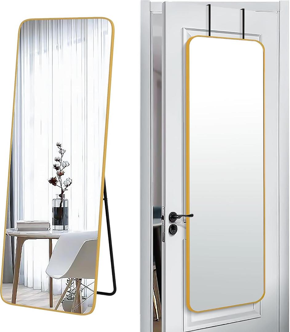 SCWF-GZ 57x20 Door Hanging Full Length Mirror, Floor Stand (Height 5.7ft just Body in1.3ft) Wall Mounted Metal Frame Rectangle Dressing Mirrors for Bedroom Room 57 inch Gold