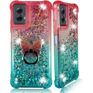 Zase for Motorola Edge (2024) Liquid Glitter Sparkly Bling Cute Clear Phone Case Design for Moto Edge 5G (2024) Floating 3D Butterflies Waterfall Quicksand w/Phone Ring Holder (Gradient Pink Aqua)
