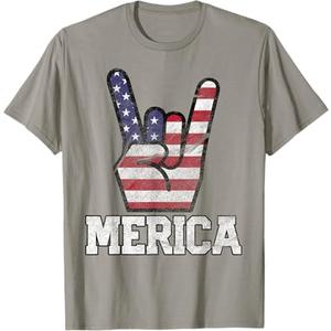 Merica Rock Sign 4th of July Vintage American Flag Retro USA T-Shirt Gray L