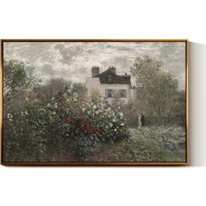 InSimSea Golden Framed Vintage Canvas Wall Art The Artist's Garden in Argenteuil Cottage 24x36inch, Rose Garden Muted Country Floral Landscape Painting Print, Rustic Countryside Farmhouse Decor