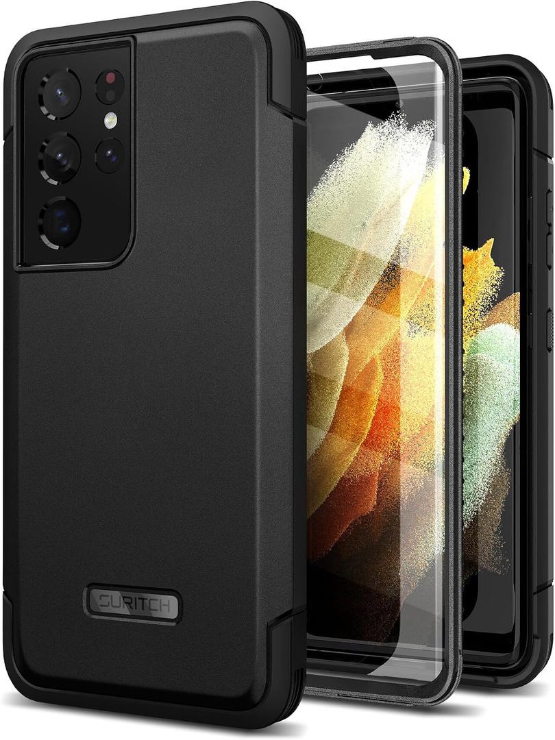 SURITCH for Samsung Galaxy S21 Ultra Case, [2 Front Frames] Full-Body Heavy Duty Rugged Shockproof Protective Phone Cover with Built-in Screen Protector for Samsung S21 Ultra 6.8 Inch, Black