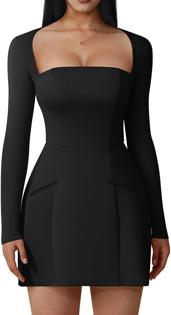 XXTAXN Womens Sexy Square Neck Long Sleeve A Line Mini Dress (L)