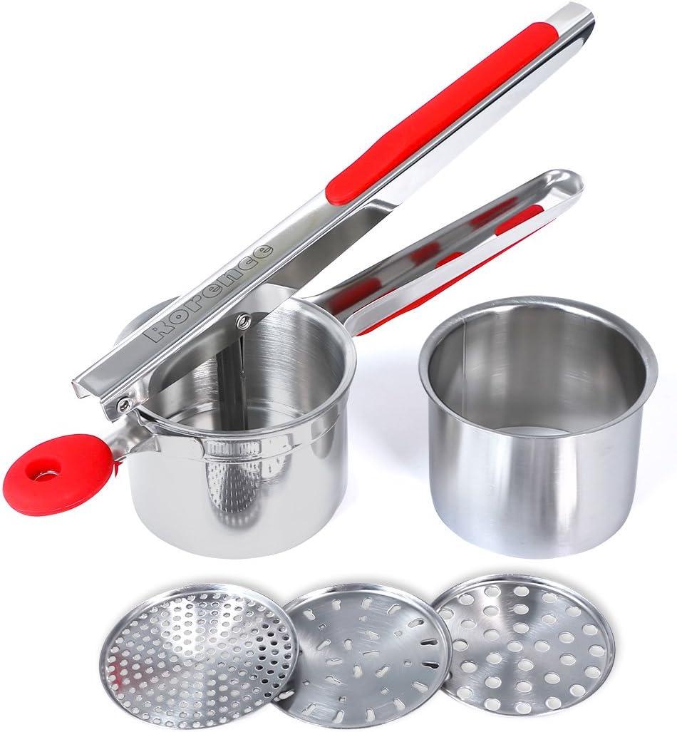 Rorence Stainless Steel Potato Ricer: 15 Oz Potato Masher with 3 Interchangeable Discs & Inner Cup & Silicone Grip Handles - Red