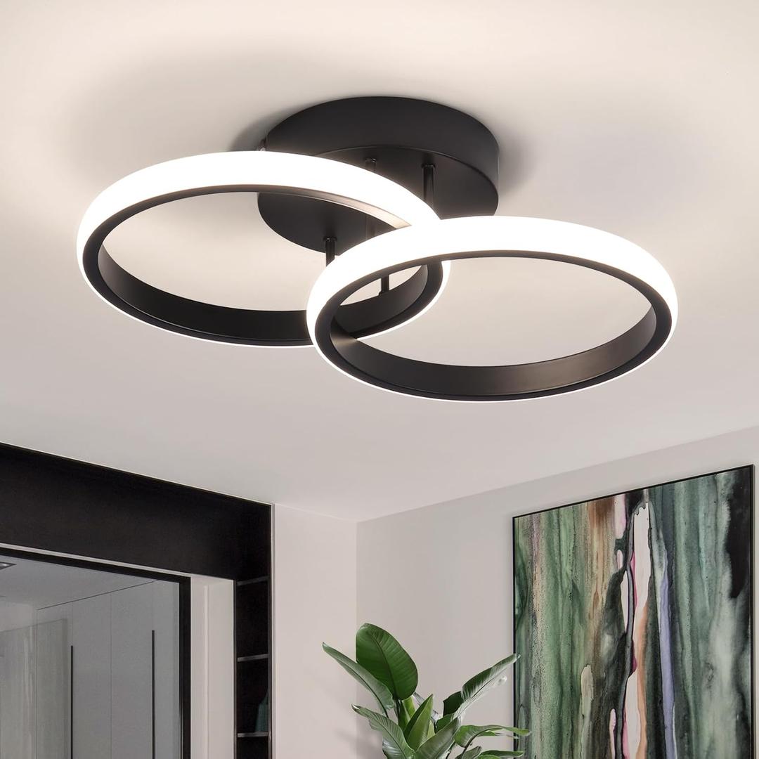 CANEOE Round Modern Led Ceiling Light Fixtures, 6000K Cool White Hallway Light Fixtures Ceiling, Bathroom Close to Ceiling Lights for Corridor Stair Aisle Lamps (Black, 1 Pack)