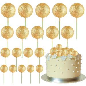 ASTARON 20 Pcs Mini Balloons Cake Topper Sticks - Glitter Gold Ball Picks for Christmas Birthday Decorations