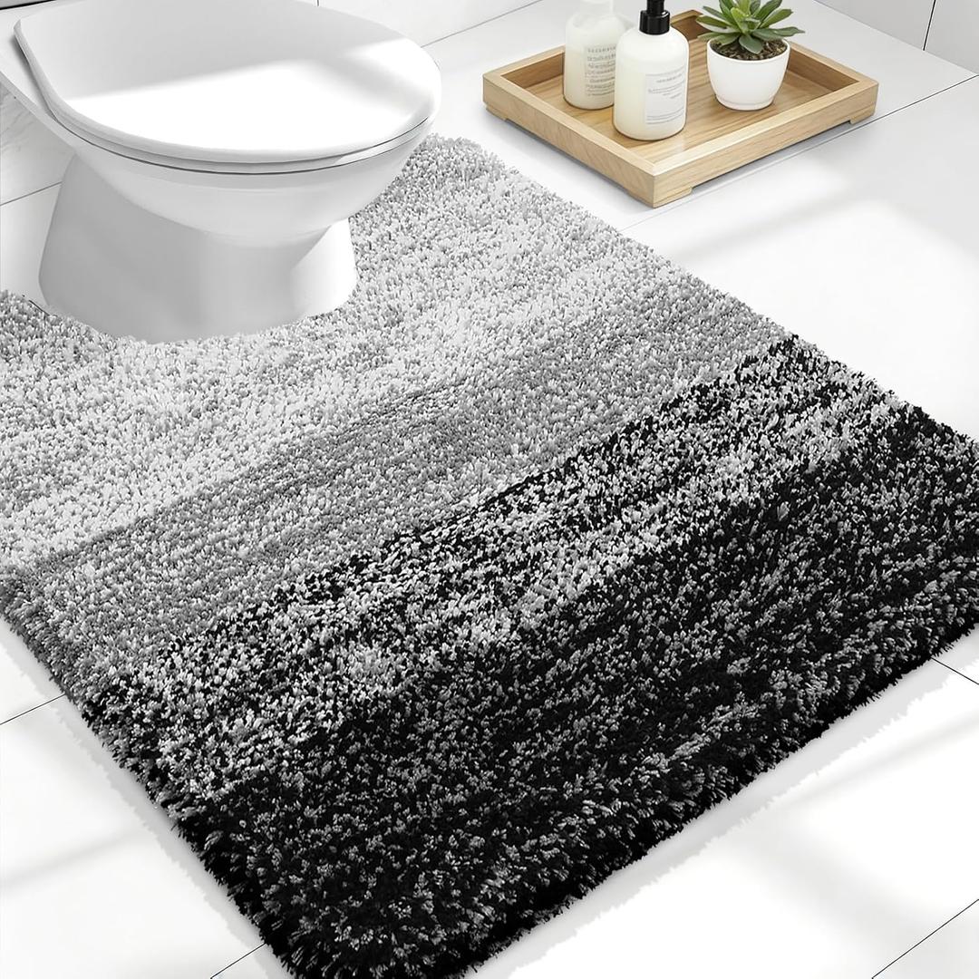 OLANLY Luxury Toilet Rugs U-Shaped 24x20, Extra Soft and Absorbent Microfiber Bathroom Rugs, Non-Slip Plush Shaggy Bath Mat, Machine Wash Dry, Contour Bathroom Mats for Toilet Base, Black
