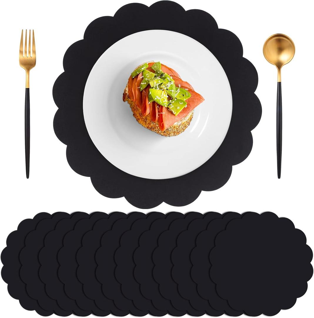 60 Pcs Black Paper Placemats, 13.5 Inch Disposable Scalloped Placemat Round Table Place Mats Decorative Paper for Birthday Party Graduation Celebration Wedding Banquet Bridal Shower Party
