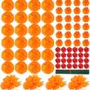 72 Pcs Marigold Flower Heads Bulk Day of The Dead Multicolor 1.2'' 2'' 3.5'' Silk Mexican Marigold Flowers with Stems DIY Garland Craft Supplies for Party Home Decor (Red Orange)