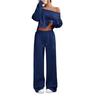 SOLY HUX Women's 2 Piece Outfits Fall Sweatsuits Off The Shoulder Crop Top Wide Leg Sweatpants Casual Matching Lounge Sets (Blue, M)