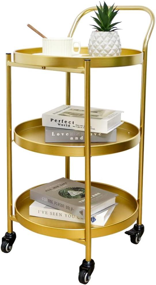 TRIROCKS 18 * 31" H Round Gold 3-Tier Rolling Bar Cart with Wheels Elegant Metal Frame Serving Cart for Kitchen, Dining Room, or Living Room Display and Storage