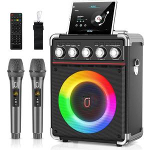 HWWR Karaoke Machine for Adults with 2 UHF Wireless Microphones, Portable Bluetooth Speaker PA System with 5 Adjustment Knobs, Supports Live Stream Port, Vocal Remover, TWS, Gift for Kids, Party Black