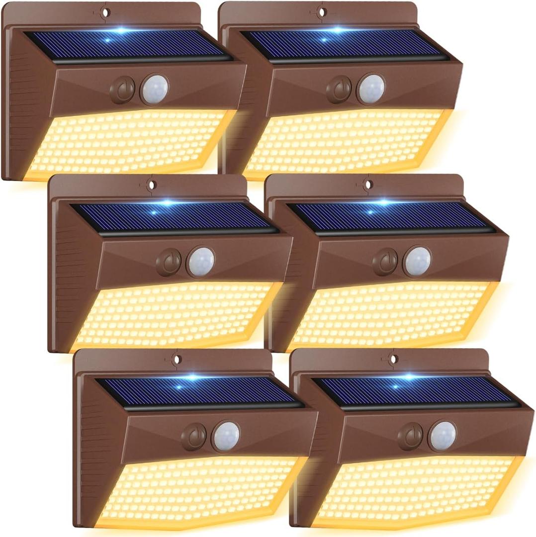 Peasur 6 Packs Solar Outdoor Lights Motion Sensor Solar Security Lights Waterproof with 3 Lighting Modes Solar Powered Wall Lights Outside for Garden Fence Yard Deck, Brown Warm