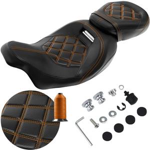 FOVPLUE Two-up Seat, Low-Profile Driver Passenger Pillion Seat for Harley Touring CVO Road Glide Road King Street Glide Electra Glide Ultra Limited FLHTKSE FLHTCUSE5 2009-2024, Double Orange Stitching
