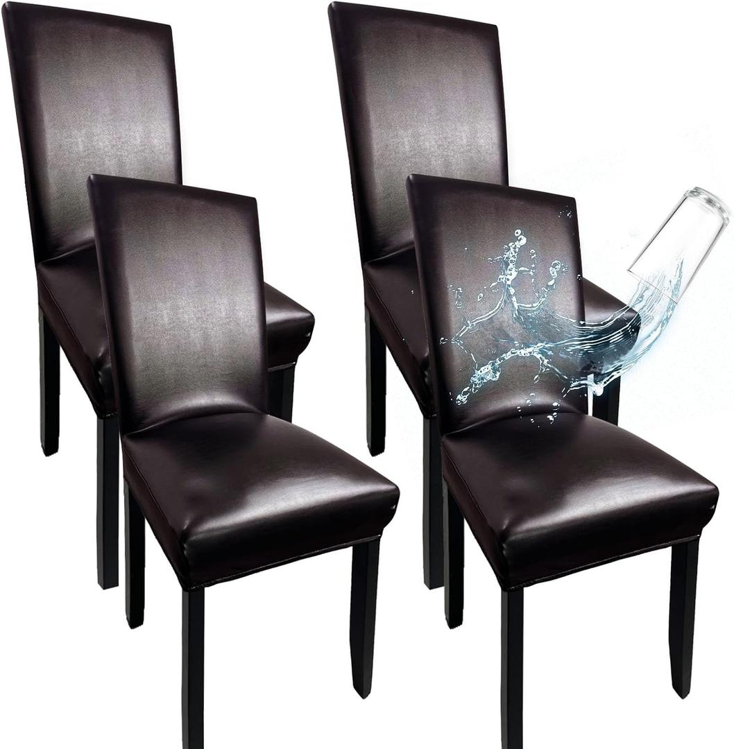 Leather Chair Covers for Dining Chairs Set of 4, Super Stretch Waterproof Kitchen Chair Covers Thickened Washable Dining Chair Slipcovers Brown Chair Seat Covers for Dining/Kitchen/Banquet