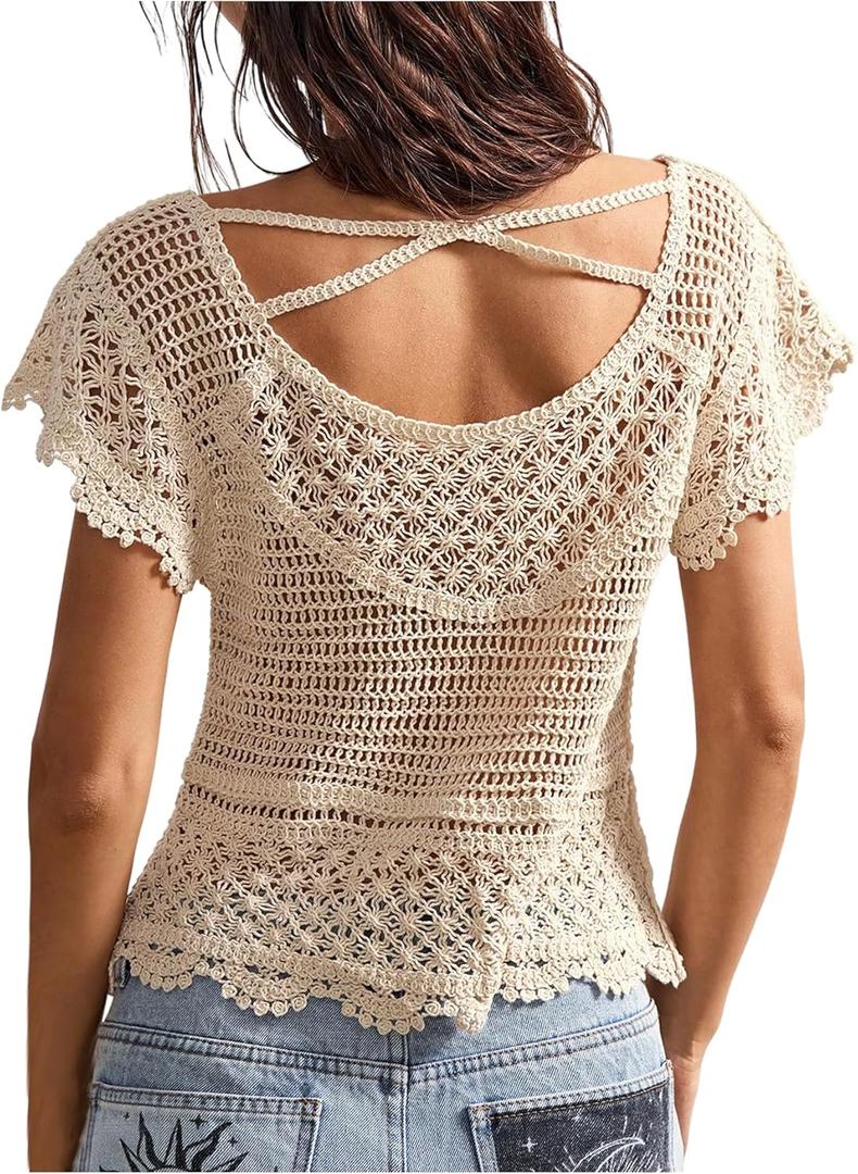 MakeMeChic Women's Summer Boho Crochet Tops Hollow Out Sweater Short Sleeve Backless Top Beach Coverup (Beige, L)