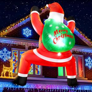 6FT Christmas Inflatable Outdoor Decorations Hanging Santa Built-in Bright LEDs, Blow Up Climbing Santa Claus with Gifts Bag, Giant Christmas Decor for Window Wall Outdoor Xmas Holiday Party Lawn