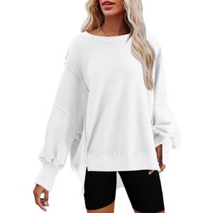 Bornpom Oversized Sweatshirt Crewneck Sweatshirts Long Sleeve Shirts Slit Pullover Top Solid Color Preppy Clothes (White, M)