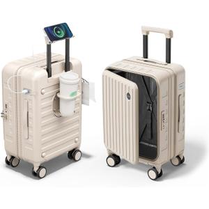Expandable Lightweight PC Hard Shell Suitcase, 24-inch Luggage with TSA Lock, Top Opening & Cup Holder - Ideal for Business Travel Suitcase (Beige)