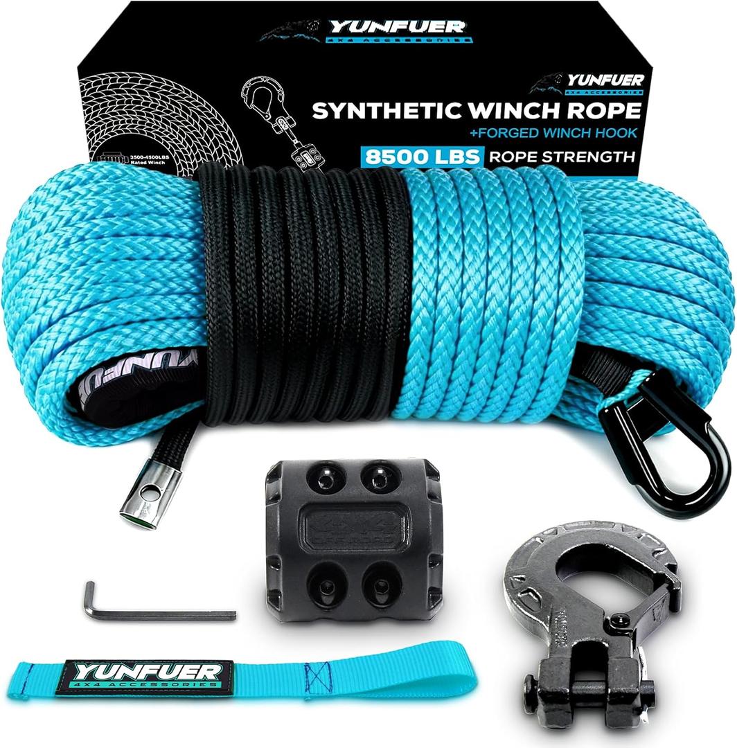 Synthetic Winch Rope Cable Kit - 3/16" x 50ft, 8500LBS with Protective Sleeve + Forged Winch Hook + Rubber Stopper and Safety Pull Strap for ATV UTV (Blue)