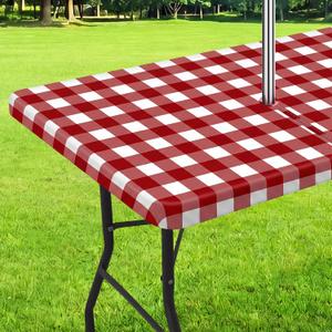 Moukeren Outdoor Tablecloth with Umbrella Hole - Patio Table Cloth Zippered Rectangle 60x85 Inch, Buffalo Plaid Table Covers Water Resistant for Patio Spring Summer Picnic BBQS(Red)