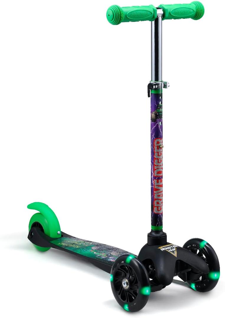 Self Balancing Kick Scooter with Light Up Wheels, Extra Wide Deck, 3 Wheel Platform, Foot Activated Brake, 75 lbs Limit, Kids & Toddlers Girls or Boys, for Ages 3 and Up (Monster Jam)