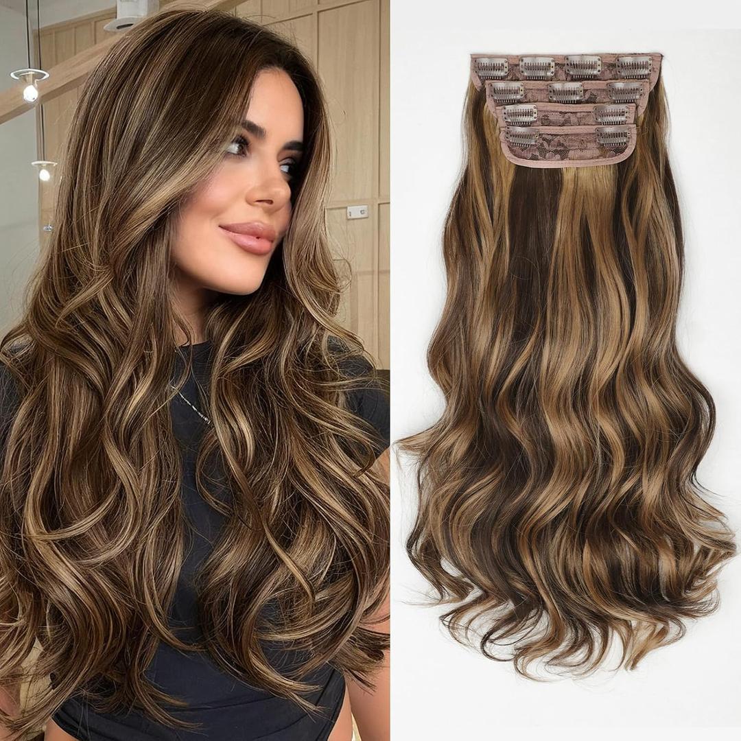 Kookastyle Clip in Hair Extensions, Natural Long Layered Soft Invisible Synthetic Curly Wavy Hairpieces for Women,4 pcs(20 Inch,Balayage Dark Brown to Chestnut)
