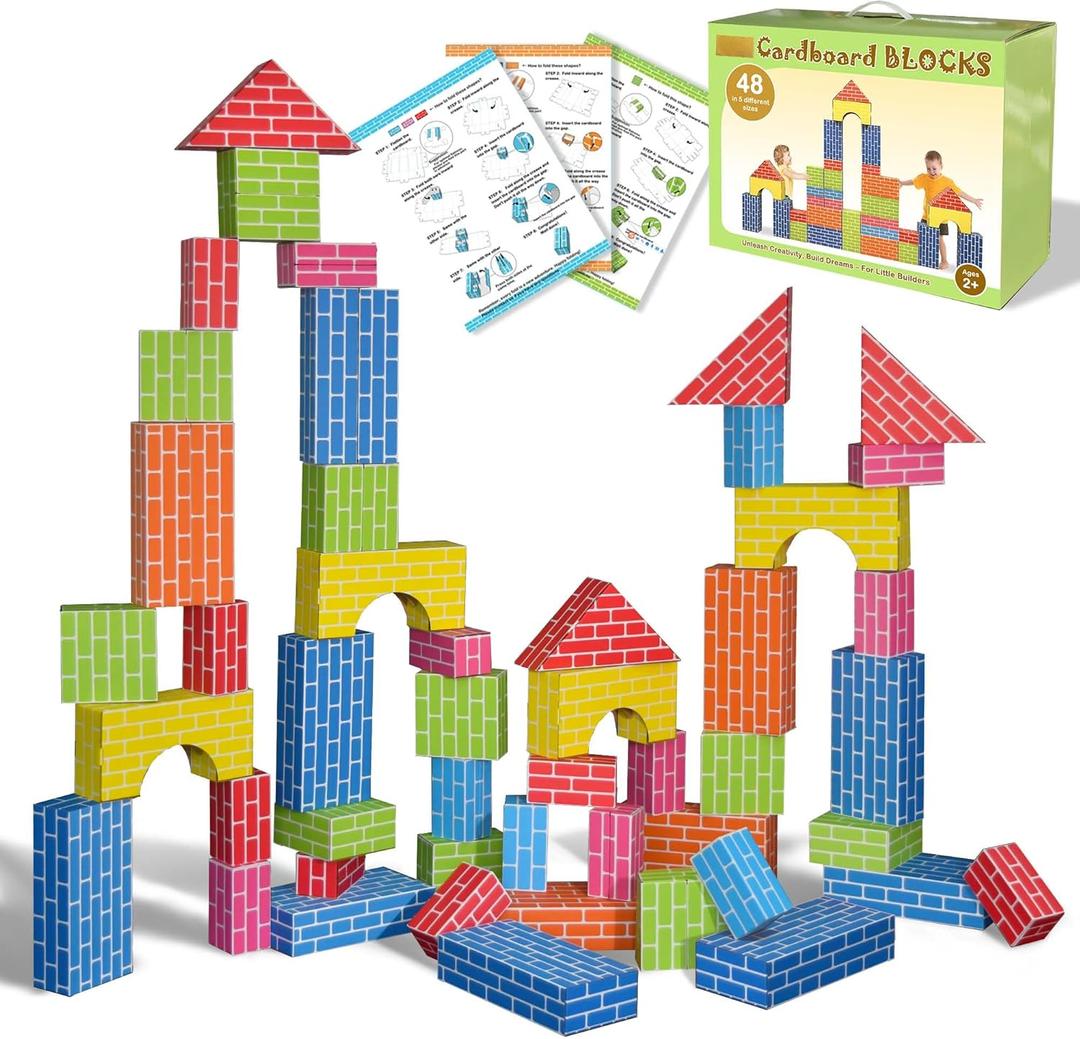 48-Pack Cardboard Building Blocks for Kids: 26/36/48 Jumbo Gifts Heavy Duty Develop Creative Thinking Spatial Reasoning Easy to Assemble, Large