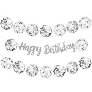 C L cooper life Disco Ball Birthday Party Decorations 3Pcs Sliver Glitter Happy Birthday Party Disco Ball Cutout Banners for 70s Disco Party Decorations Disco Fever Party Supplies, Silver