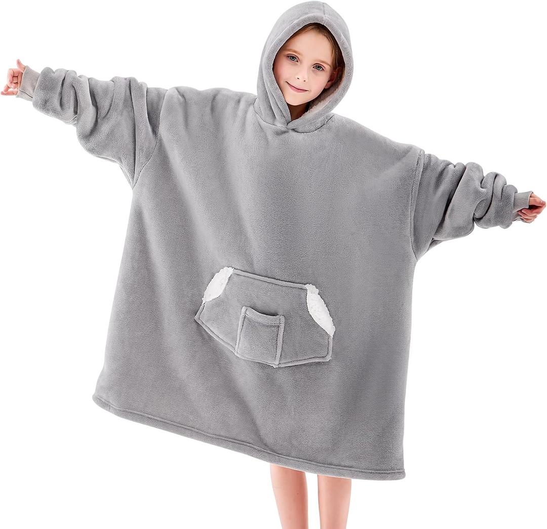 Wearable Blanket Hoodie for Kids, Blanket Hoodie For Kids With Hood And Pocket, Sherpa Oversized Cozy Sweatshirt Blankets As Gifts For Girls Boys (Grey)