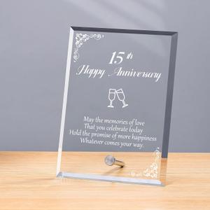 15th Anniversary Wedding Gifts for Men Women, Laser Engraved Crystal Plaque for Couples Husband Wife Him Her, 15 Year Happy Marriage Keepsake Decor for Parents Grandma Grandpa Friends