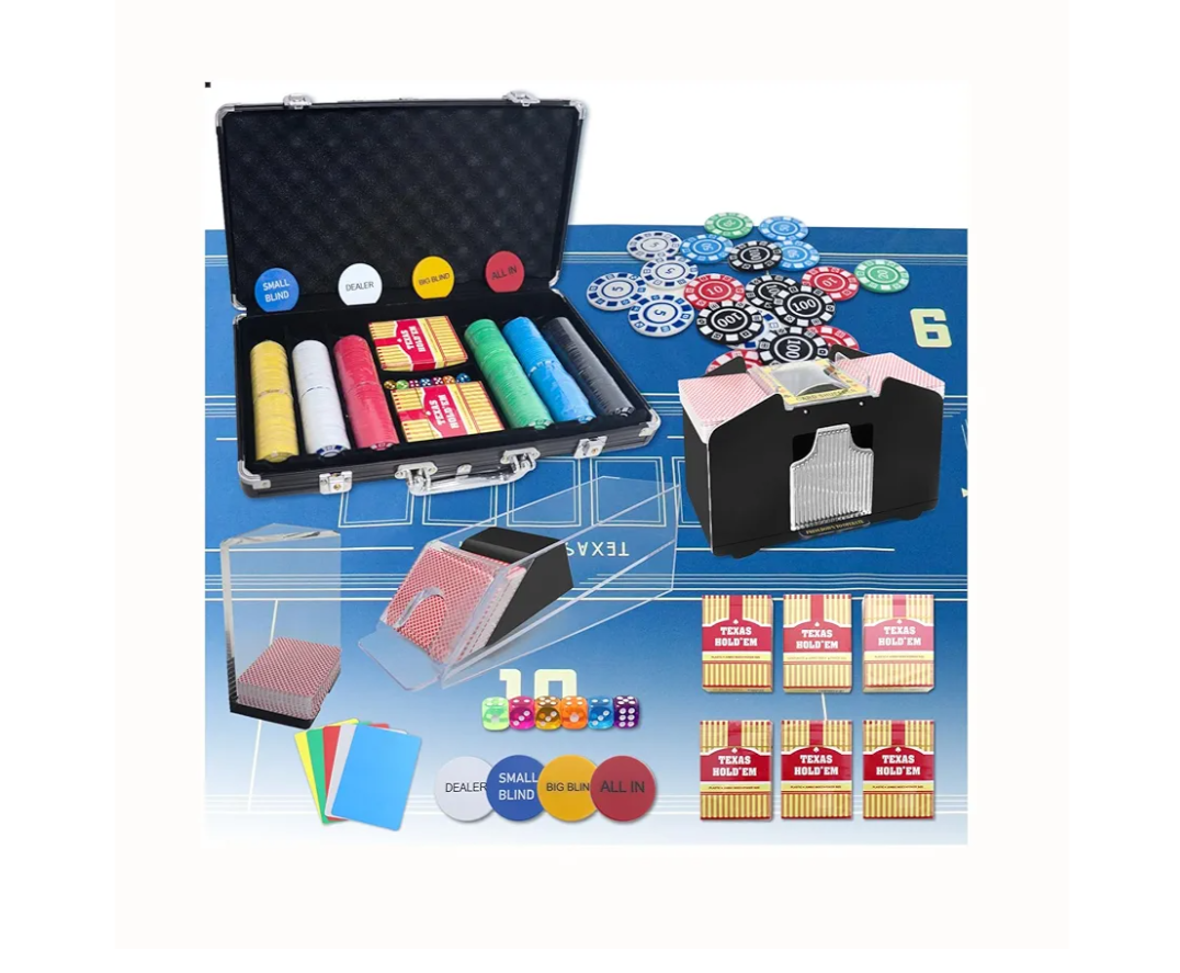 Poker Set, Casino Game Set Blackjack Set with Casino Chips, Deck Shuffler, 300pcs Poker Chips, Blackjack Mat, Poker Cards, Blackjack Shoe, Poker Buttons, Cut Cards for Adult Casino Party