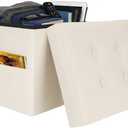 Bsketa Storage Ottoman Bench,15 Inch Folding Leather Foot Rest Stool, Beige