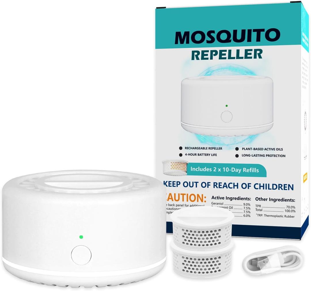 Rechargeable Mosquito Repeller with Night Light, Plant-Based Refill, 30ft Protection Zone, USB-C Powered, 123456