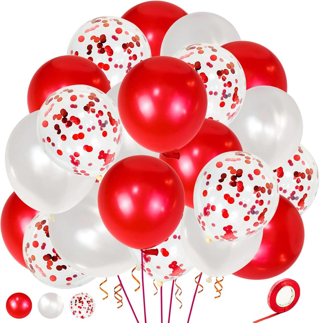 Pearl Red White Latex Balloons 12 Inch Red Confetti Balloon for Birthday Wedding, Christmas, Bridal Baby Shower Decorations 50Pcs.