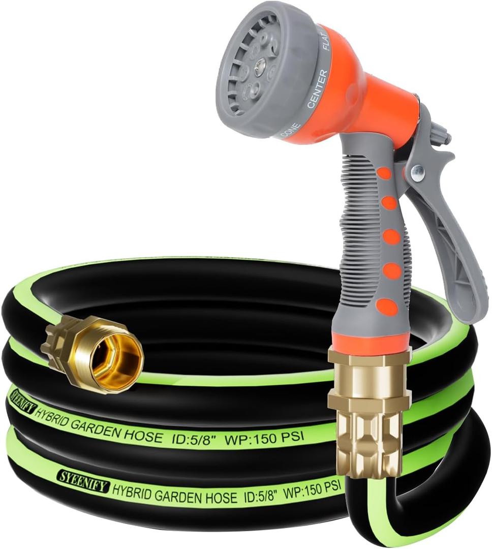 Kink Free Garden Hose 10ft 5/8", Heavy Duty Hybrid Water Hose, Ultra Durable Flexible Rubber Hose with Sprayer Nozzle,Leakproof Yard Outdoor Hose with Brass Solid Connector