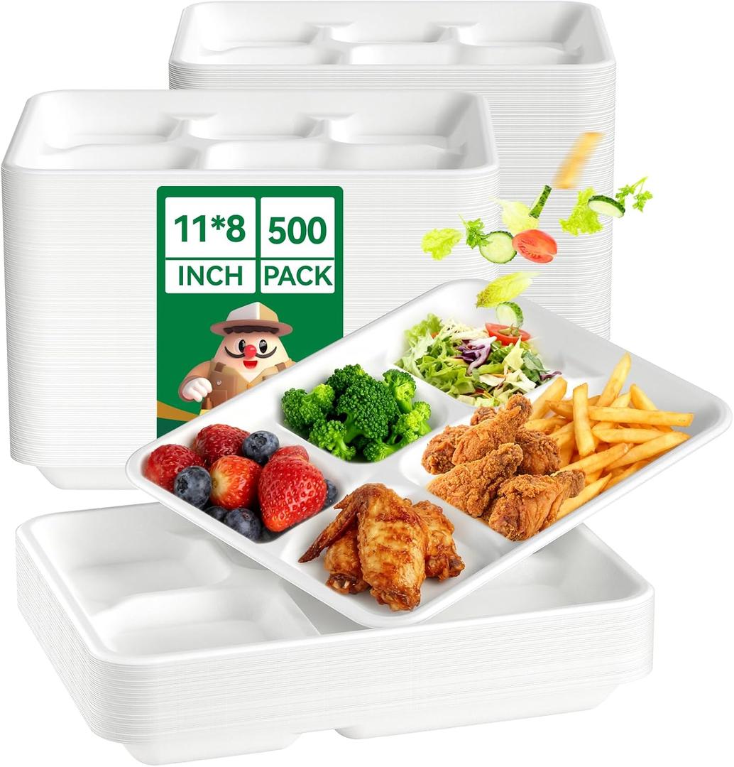 JOLLY CHEF Compostable Compartment Paper Plates * [ ] Heavy Duty White Divided Disposable Plate Eco-Friendly Biodegradable Food Trays for Party Lunch Dinner Christmas, 11*8in-500pack